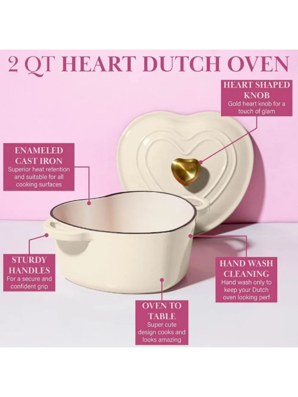 Heart-Shaped Enameled Cast Iron Dutch Oven Pot with Lid, 2-Quart, Oven Safe